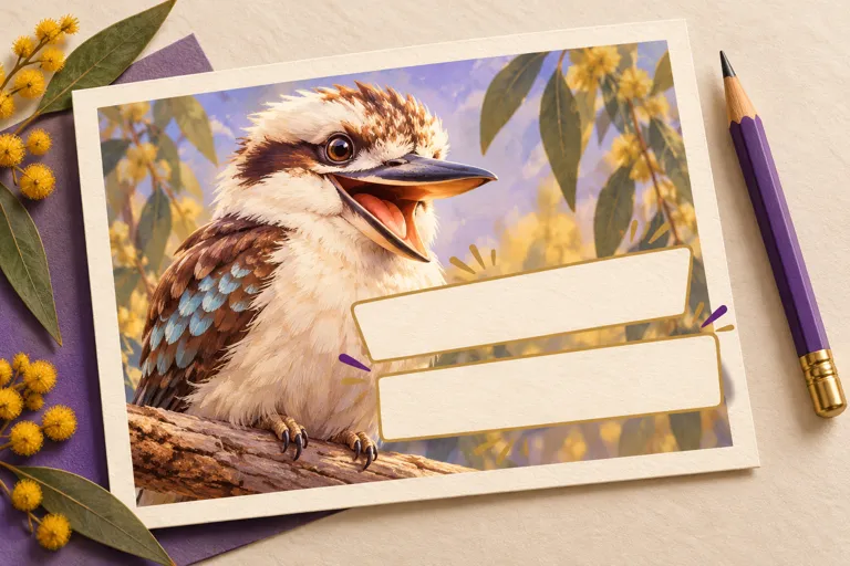 Illustration of a kookaburra photo card with blank caption strips and a pencil.